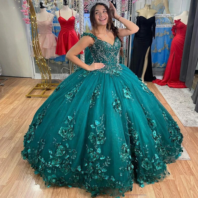 Teal ball gown with floral embroidery Sweet 16 Quinceanera Dresses With Cloak 3D Flowers Mychicdress
