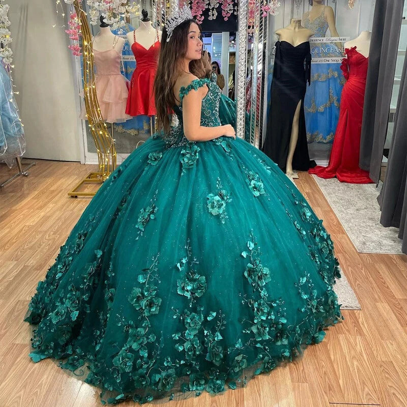 Teal ball gown with floral embroidery Sweet 16 Quinceanera Dresses With Cloak 3D Flowers Mychicdress