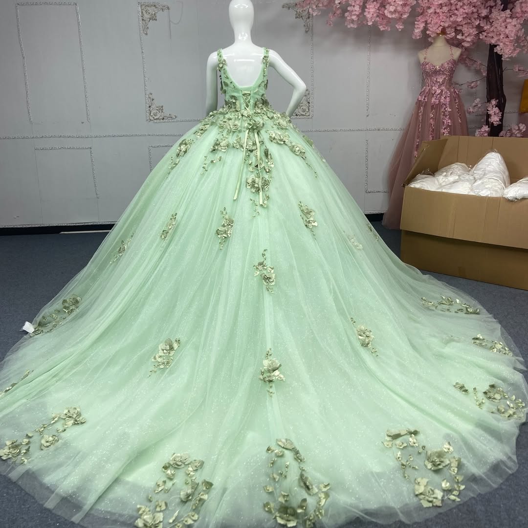 Sweet 16 Dress Strapless V Neck Quinceanera Dress Sage Green Appliques Mychicdress