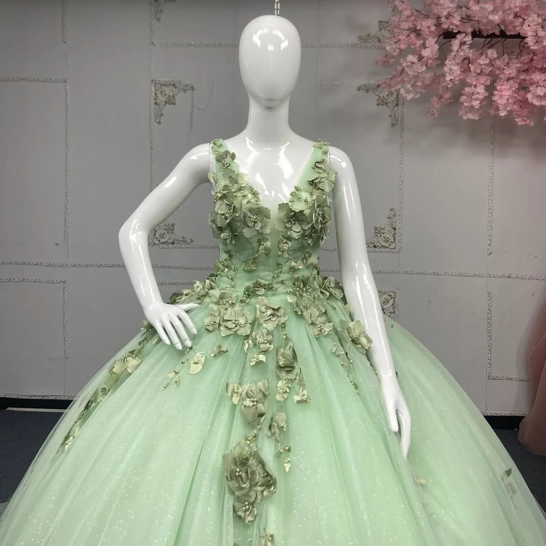 Sweet 16 Dress Strapless V Neck Quinceanera Dress Sage Green Appliques Mychicdress