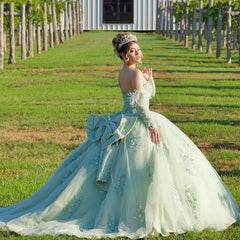 Sweet 16 Puffy Sage Green Quinceanera Dresses Lace with Feather Sleeves Mychicdress