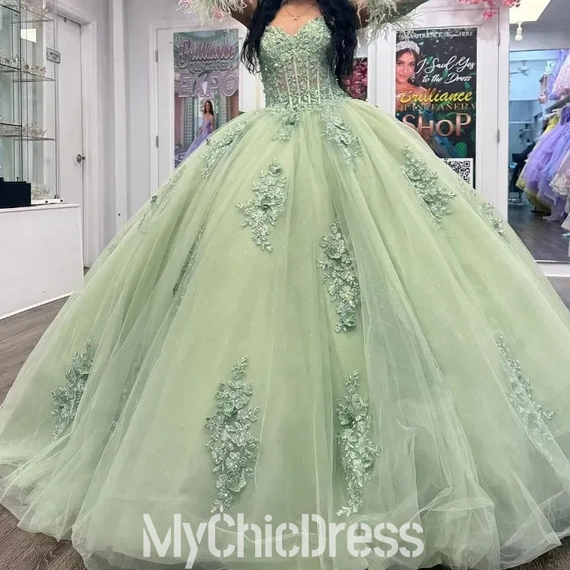 Sweet 16 Puffy Sage Green Quinceanera Dresses Lace with Feather Sleeves Mychicdress
