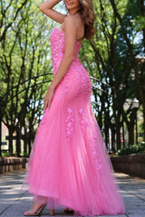 Mychicdress Sweetheart Lace Pink Strapless Formal Dress for Women Appliques