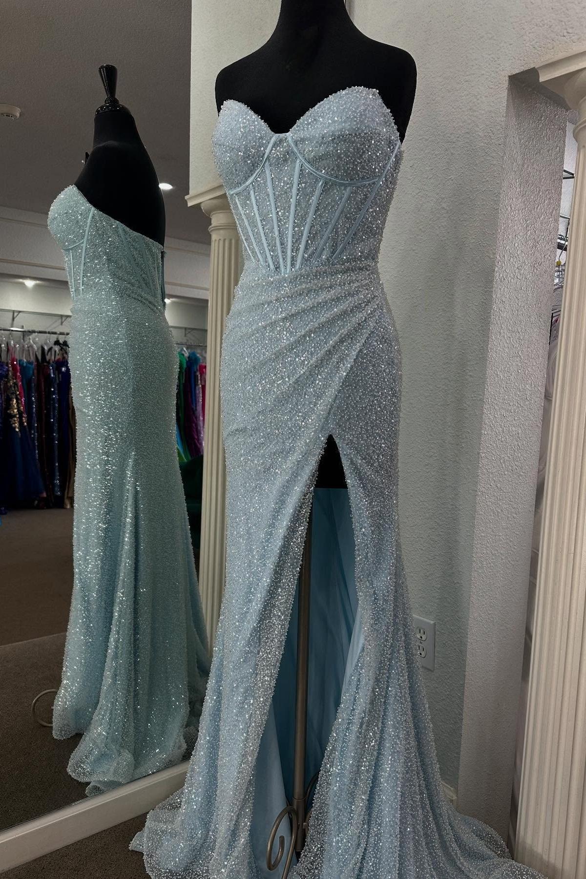 Mychicdress Sweetheart Light Blue Sequin Evening Dress UK Corset Long with Slit