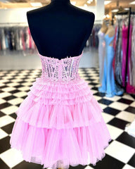 Sweetheart Pink Lace Bodice Homecoming Dress with Ruffles Mychicdress