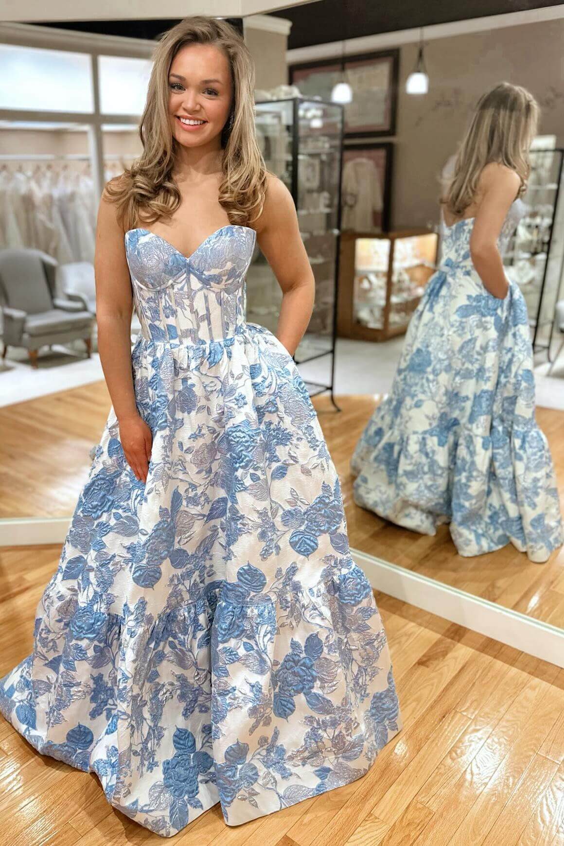 Sweetheart Print Blue Evening Gown Floral Prom Dress A-line