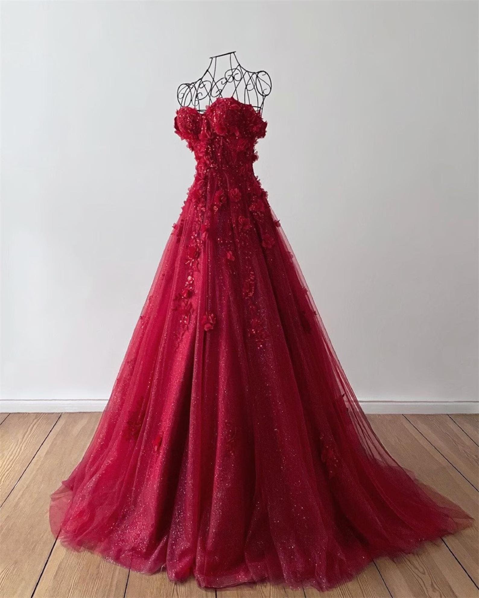 Sweetheart red Formal Dress with 3D Flowers Off Shoulder Quince Dress Mychicdress