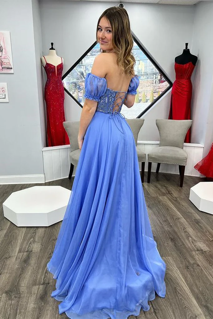 Sweetheart Ruffle Lace Prom Dress Blue Chiffon Appliques Mychicdress