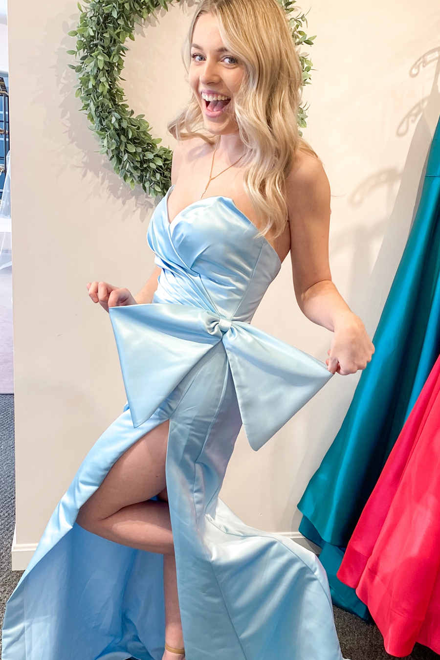 Sweetheart Strapless Red Prom Dress Satin slit with Bow