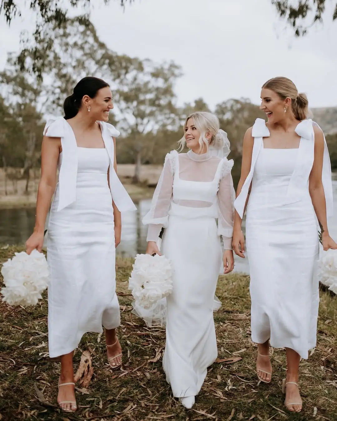 Tea Length White Satin Bridesmaid Dress Square Neck Bow Straps