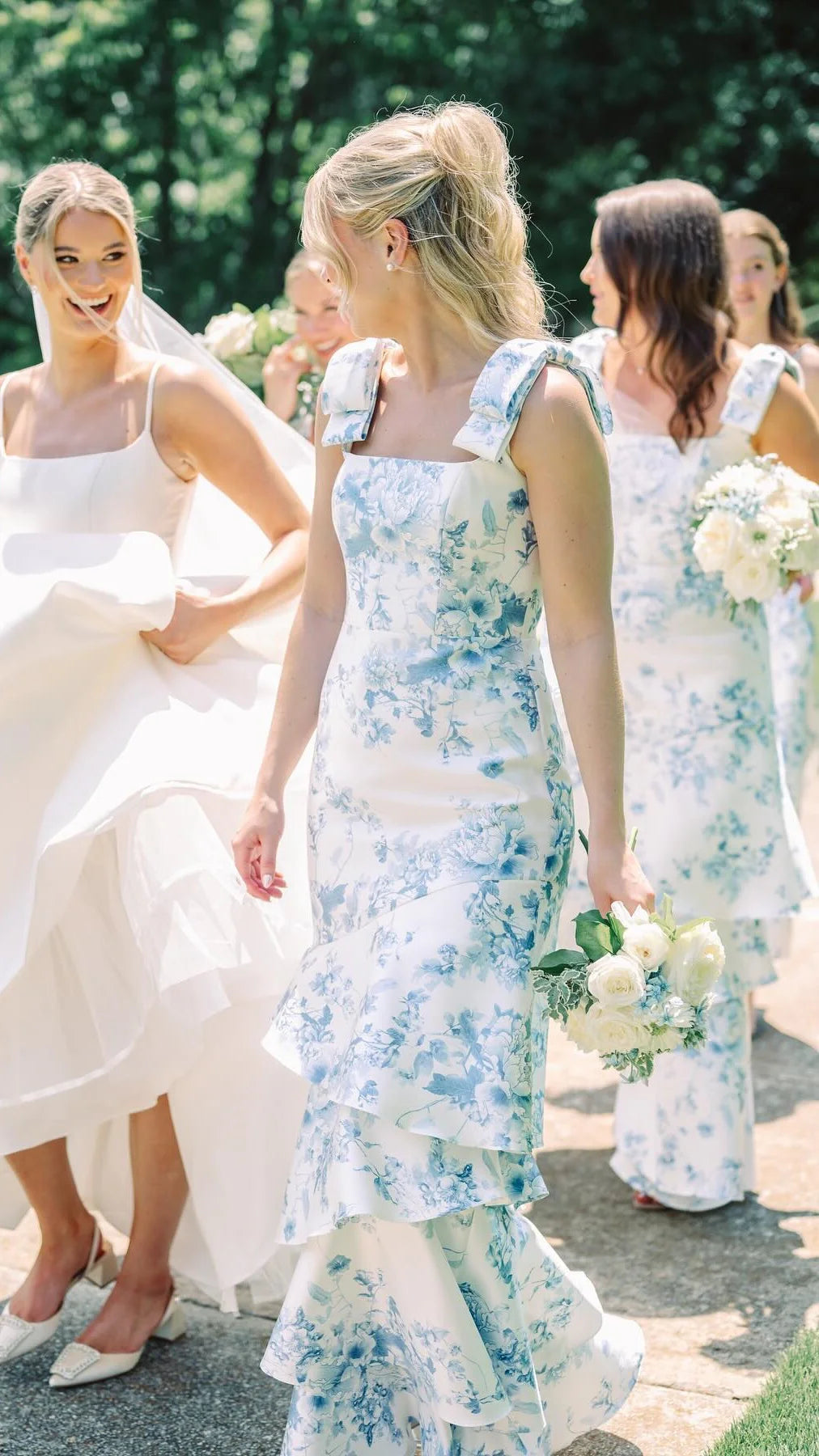 Tiered Blue Floral Print Bridesmaid Dress for Beach Weddings Mychicdress