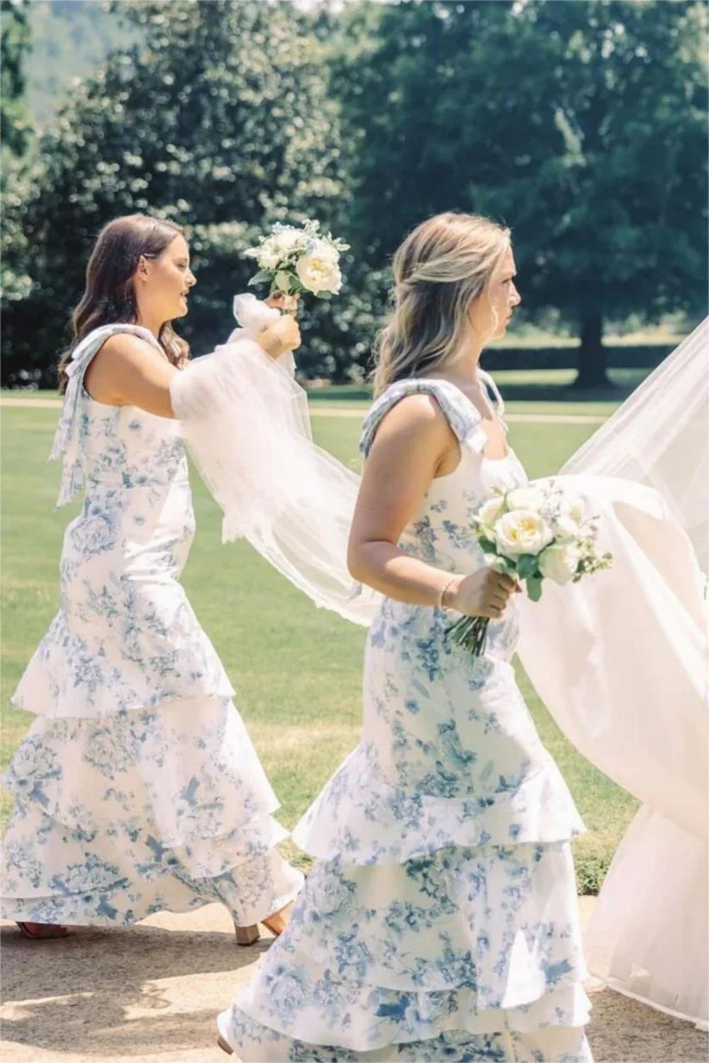 Tiered Blue Floral Print Bridesmaid Dress for Beach Weddings Mychicdress