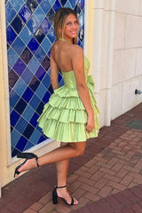 Tiered Halter green Homecoming Dress V-Neck Backless Satin Mychicdress