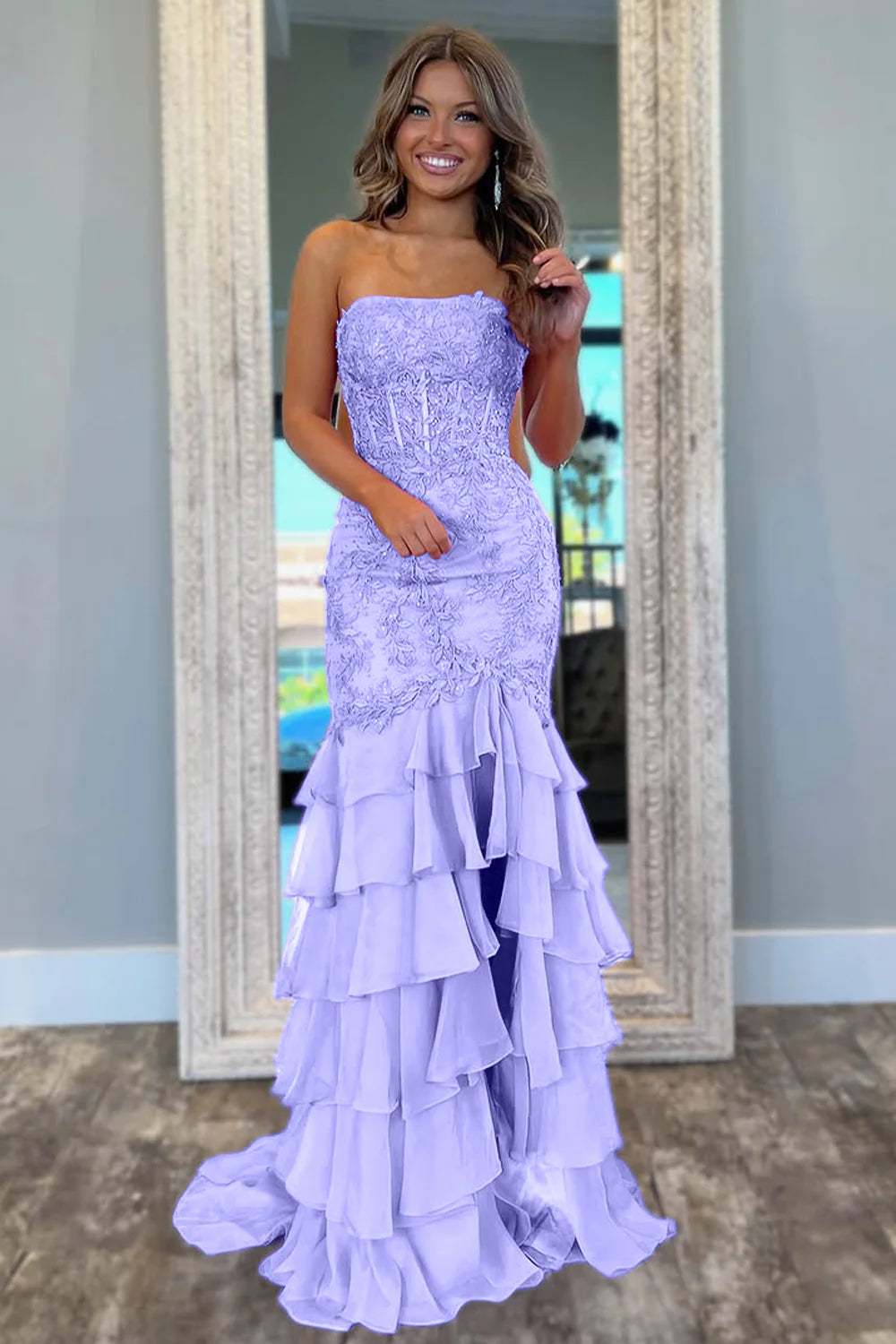 Pink Strapless Senior Prom Dresses Mermaid Lace Tiered Formal Wear