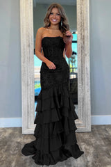 Pink Strapless Senior Prom Dresses Mermaid Lace Tiered Formal Wear