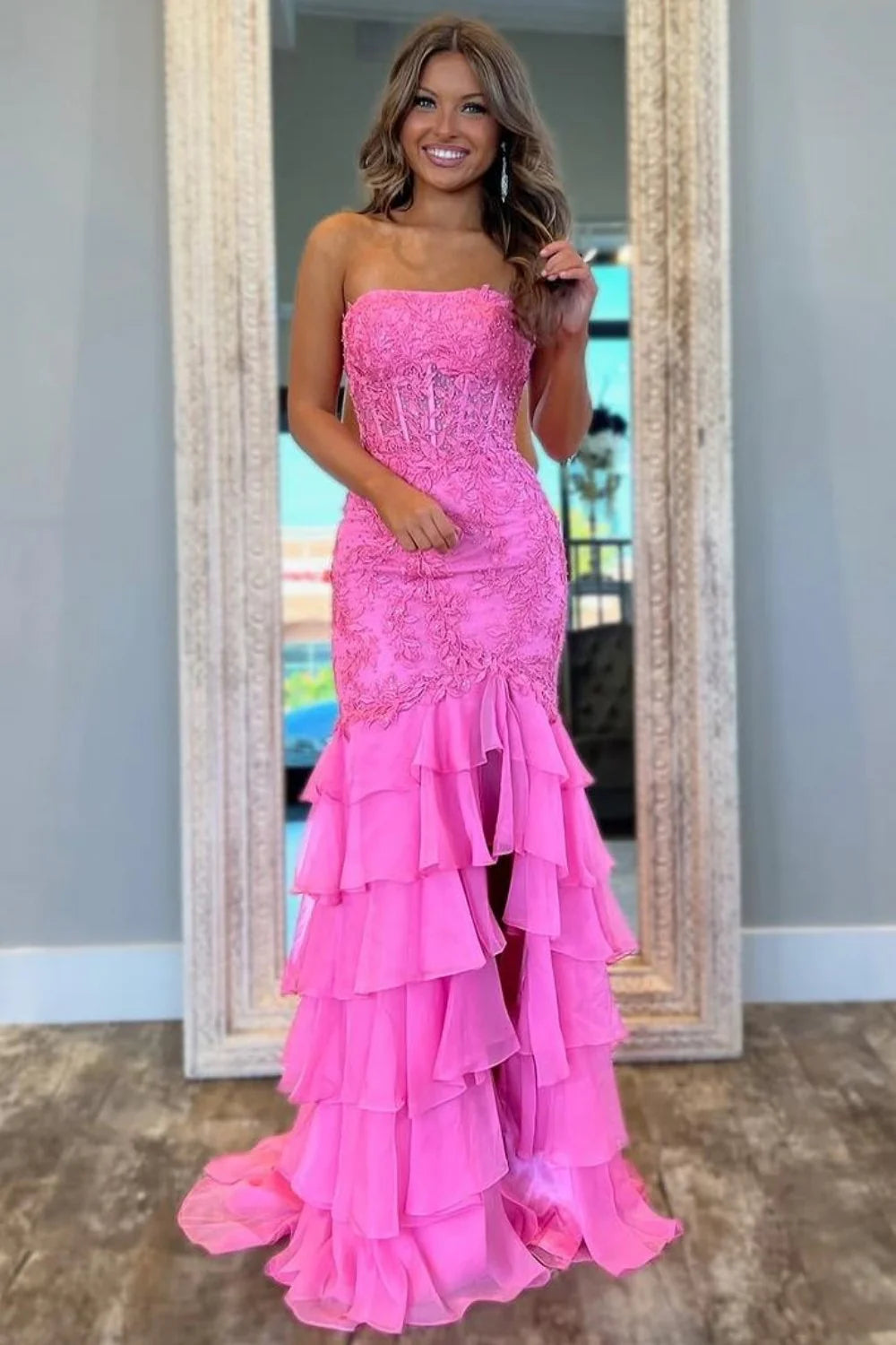 Pink Strapless Senior Prom Dresses Mermaid Lace Tiered Formal Wear