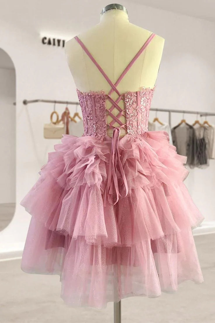 Tiered Pink Lace Mini Homecoming Dress Ruffle Short Party Dress