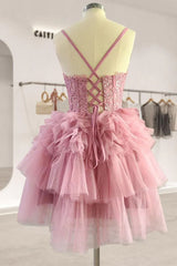 Tiered Pink Lace Mini Homecoming Dress Ruffle Short Party Dress
