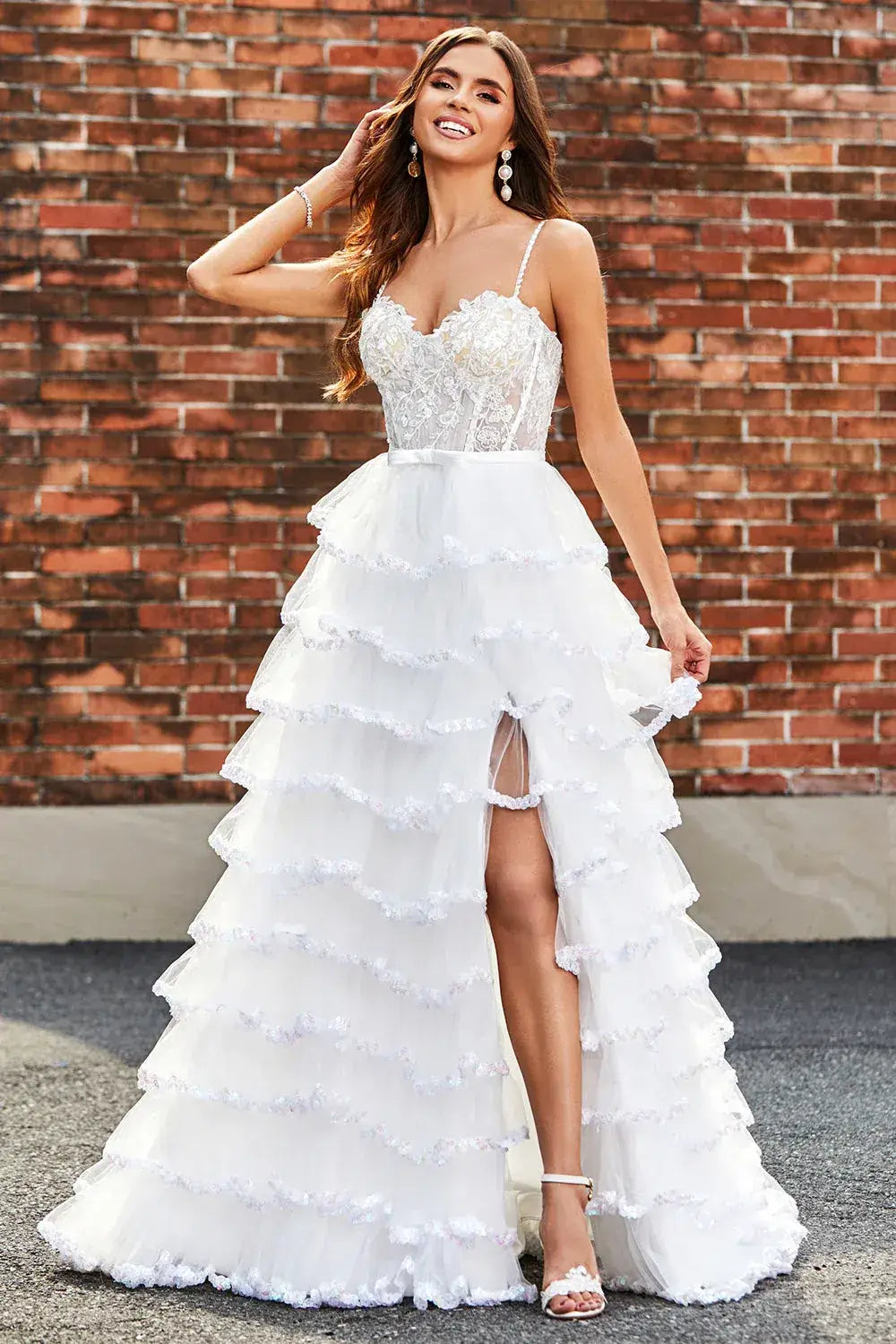A-Line White Corset Tiered Prom Dress With Sequin Ruffle Skirt Mychicdress