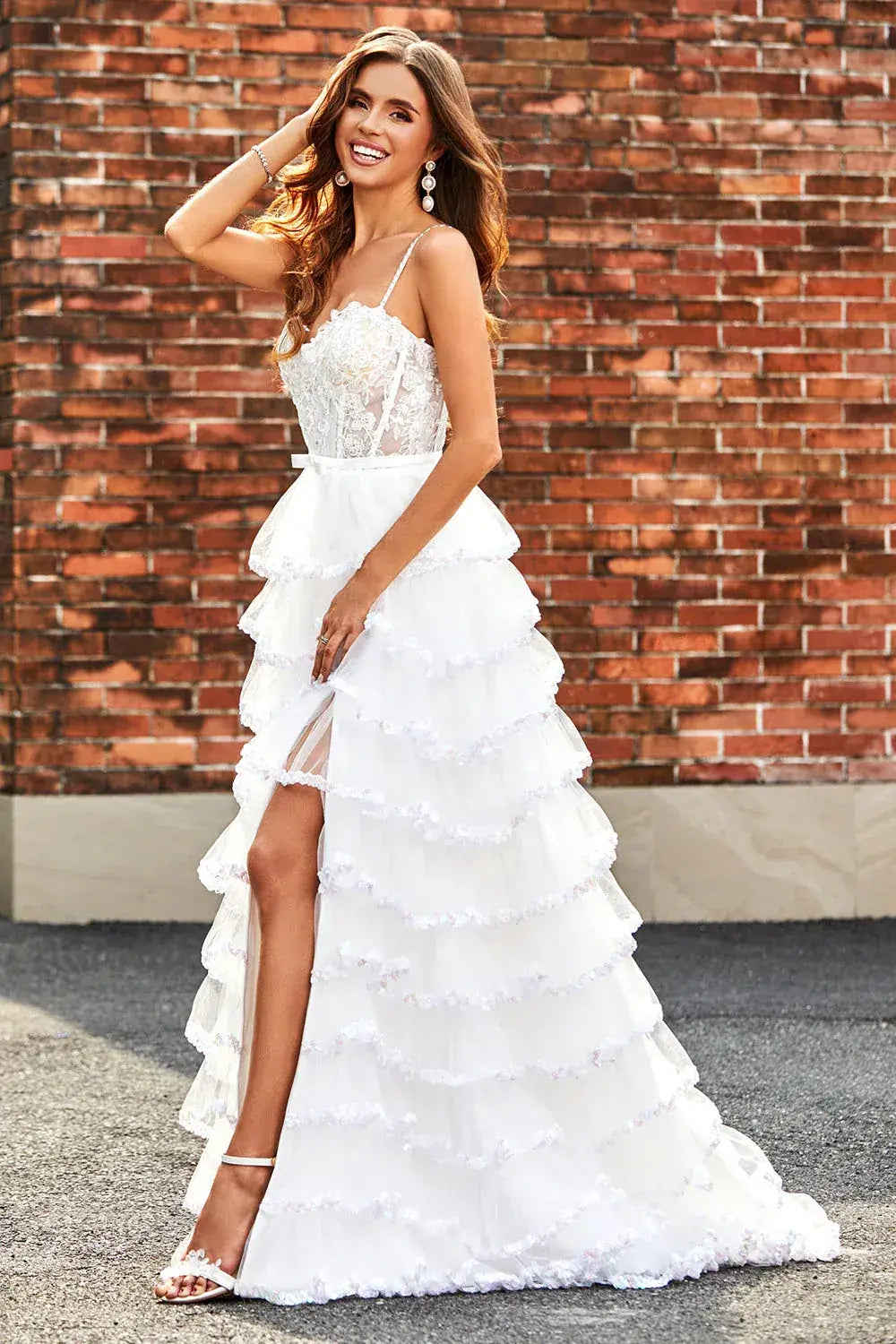 A-Line White Corset Tiered Prom Dress With Sequin Ruffle Skirt