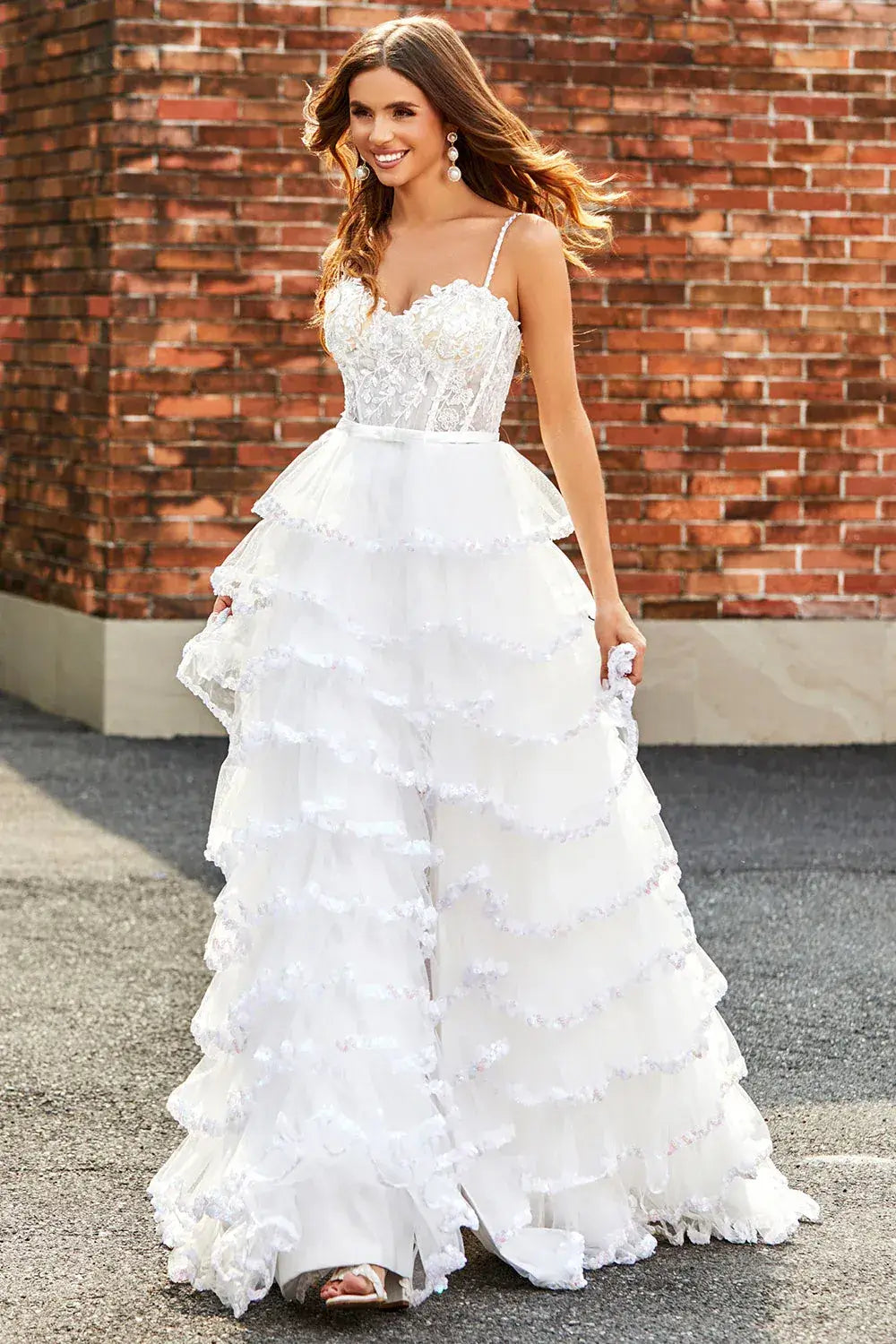 A-Line White Corset Tiered Prom Dress With Sequin Ruffle Skirt