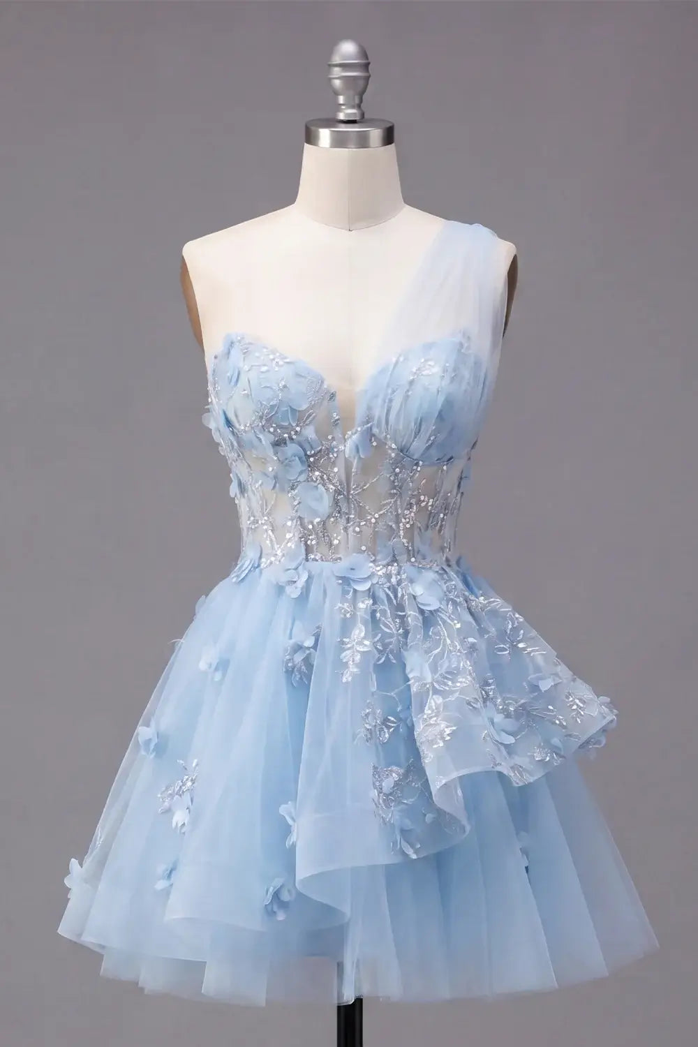Trendy Blue Short Corset Floral Homecoming Dress One Shoulder Beaded A Line with Ruffles