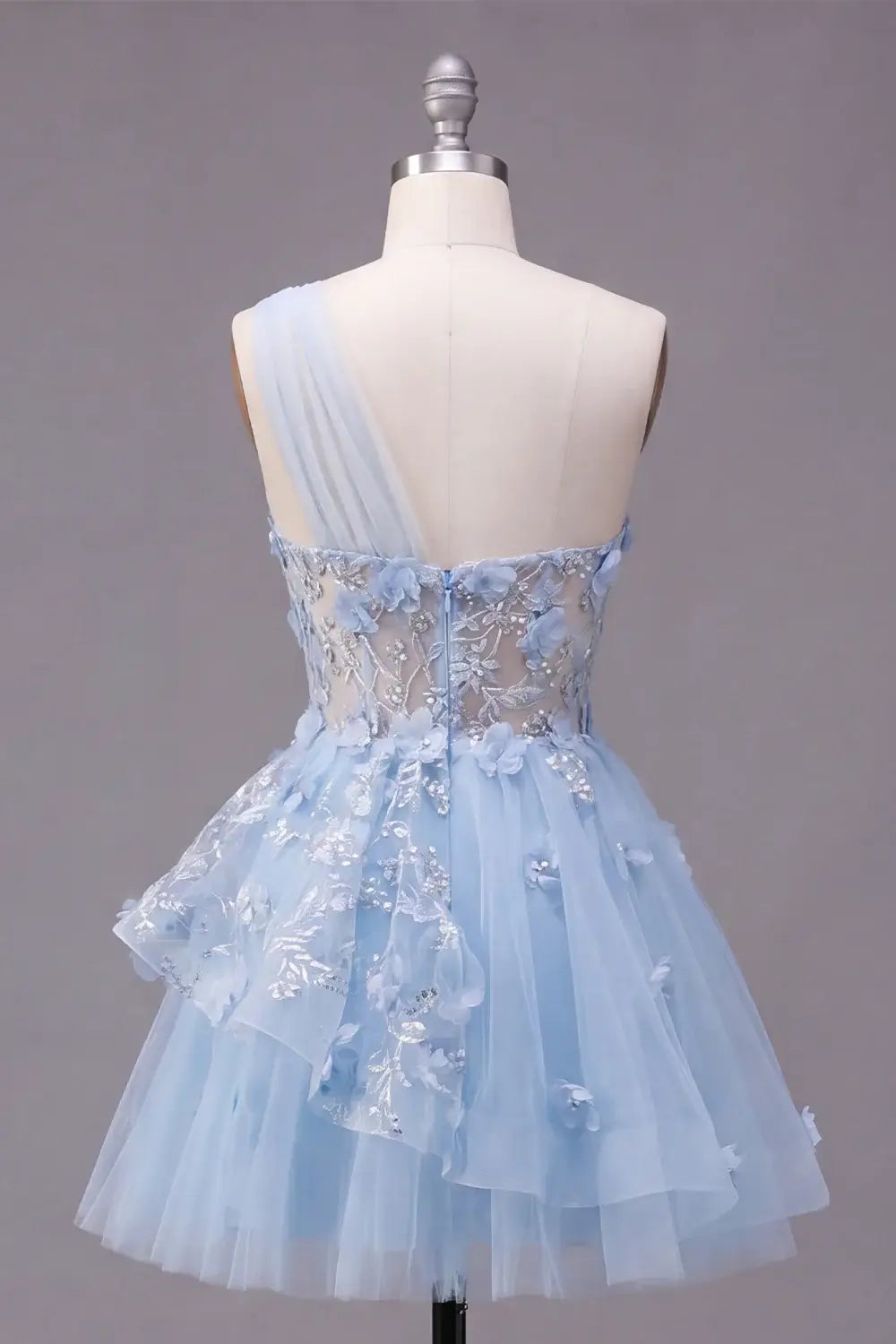 Trendy Blue Short Corset Floral Homecoming Dress One Shoulder Beaded A Line with Ruffles