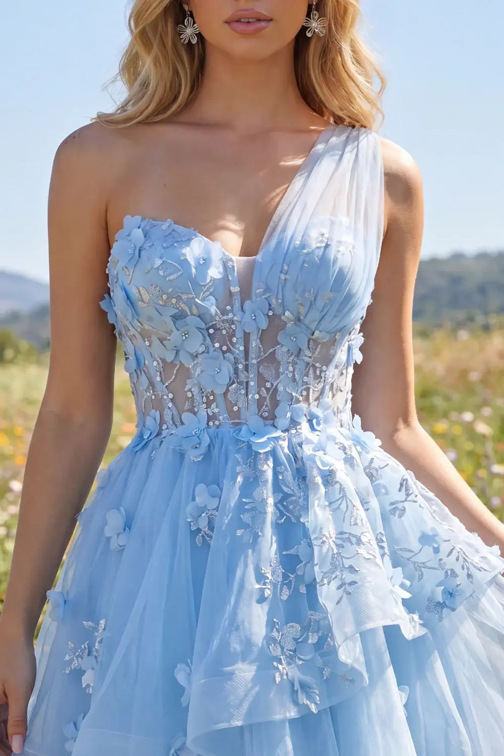 Trendy Blue Short Corset Floral Homecoming Dress One Shoulder Beaded A Line with Ruffles