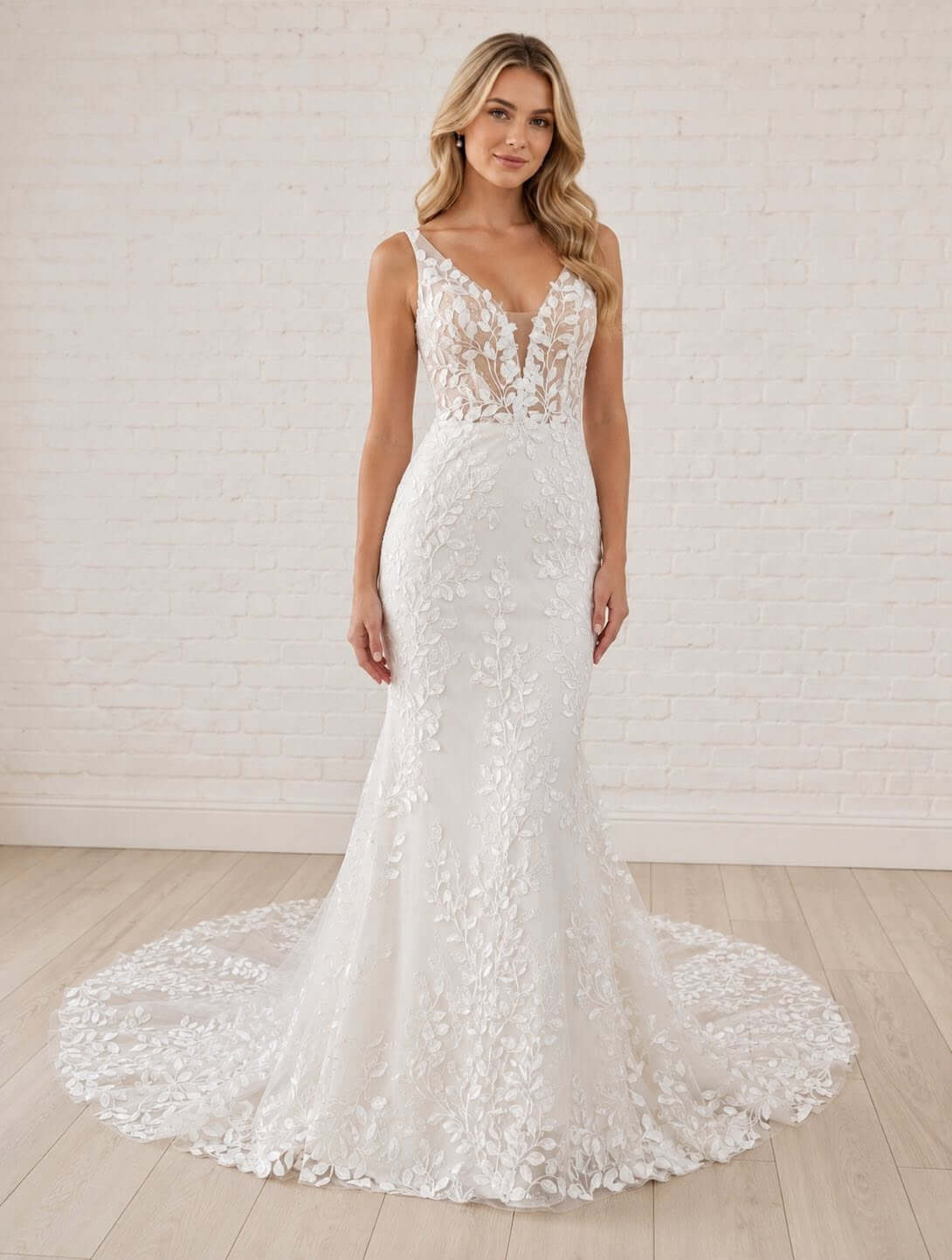 Trendy Lace Boho Wedding Gown V Neck Sleeveless Beach Bridal Dress