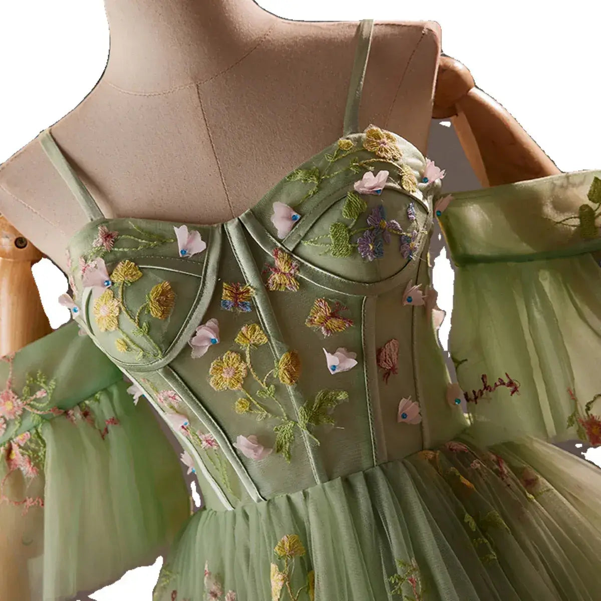 Tulle Floral Embroidery Green Short Homecoming Dress off-the-shoulder Straps