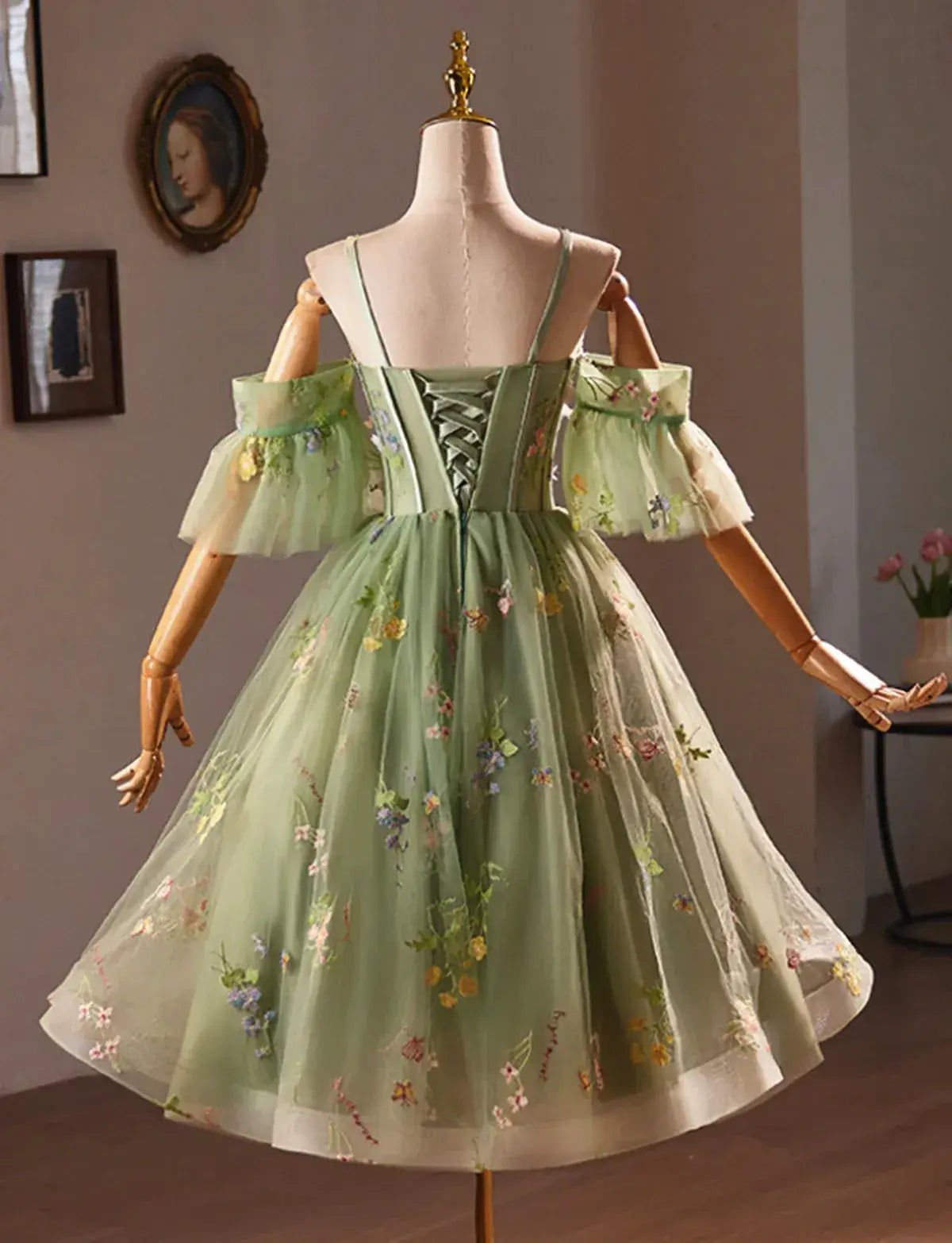 Tulle Floral Embroidery Green Short Homecoming Dress off-the-shoulder Straps