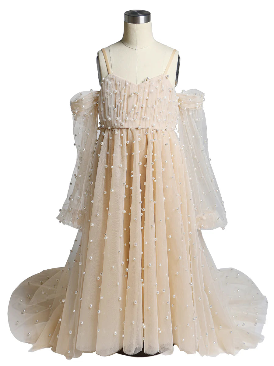 Tulle Pearls Flower Girl Dresses Kids Party Dress for Wedding PhotoShoot