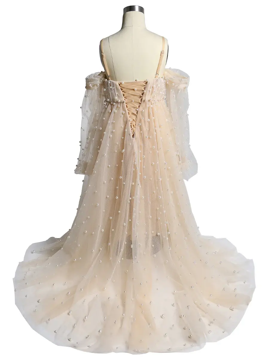 Tulle Pearls Flower Girl Dresses Kids Party Dress for Wedding PhotoShoot