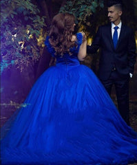 Princess Tulle Royal Blue Wedding Dresses Flowers Quince Dress Off The Shoulder