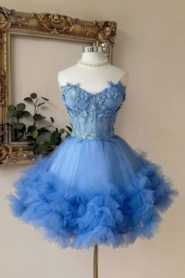 Uinque Mini Blue Homecoming Dress Lace Sweetheart with Ruffles