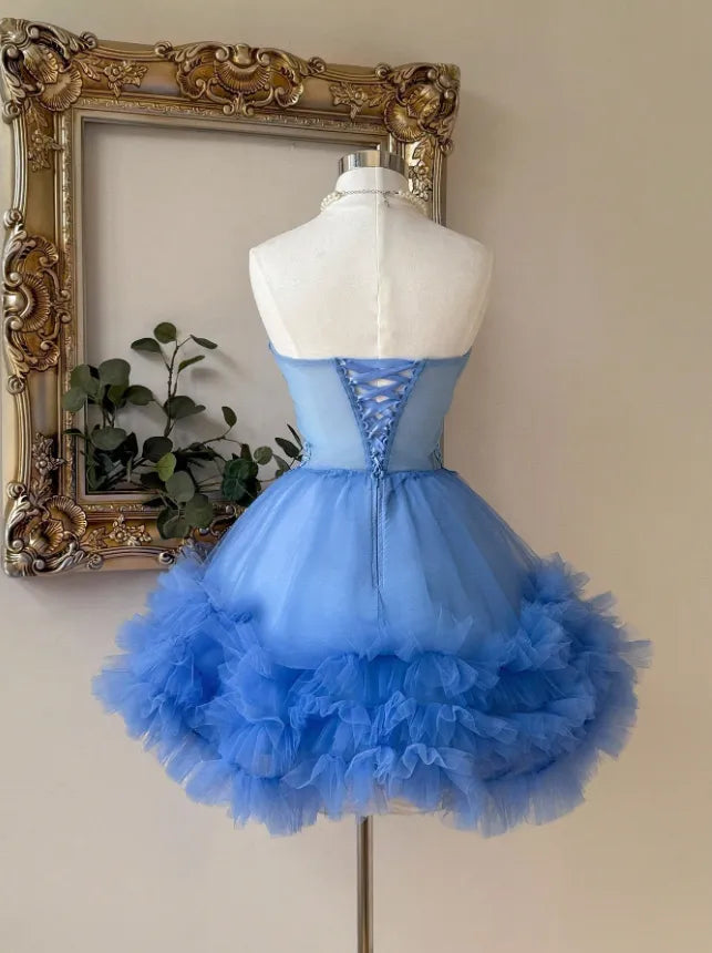Uinque Mini Blue Homecoming Dress Lace Sweetheart with Ruffles