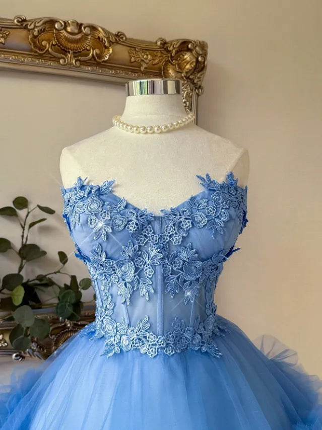Uinque Mini Blue Homecoming Dress Lace Sweetheart with Ruffles