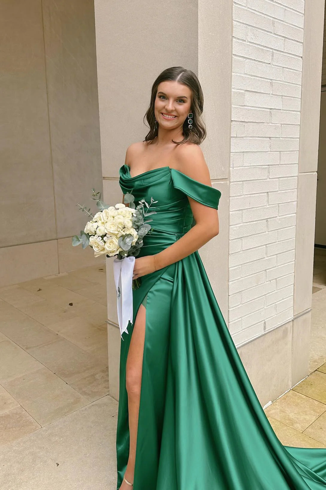 UK Green Evening Dress Ruched Off-the-shoulder Prom Dress Mychicdress