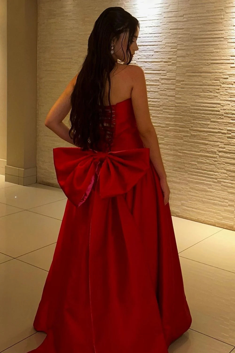 UK Strapless Red Evening Dress A Line Long with Bowknot Mychicdress