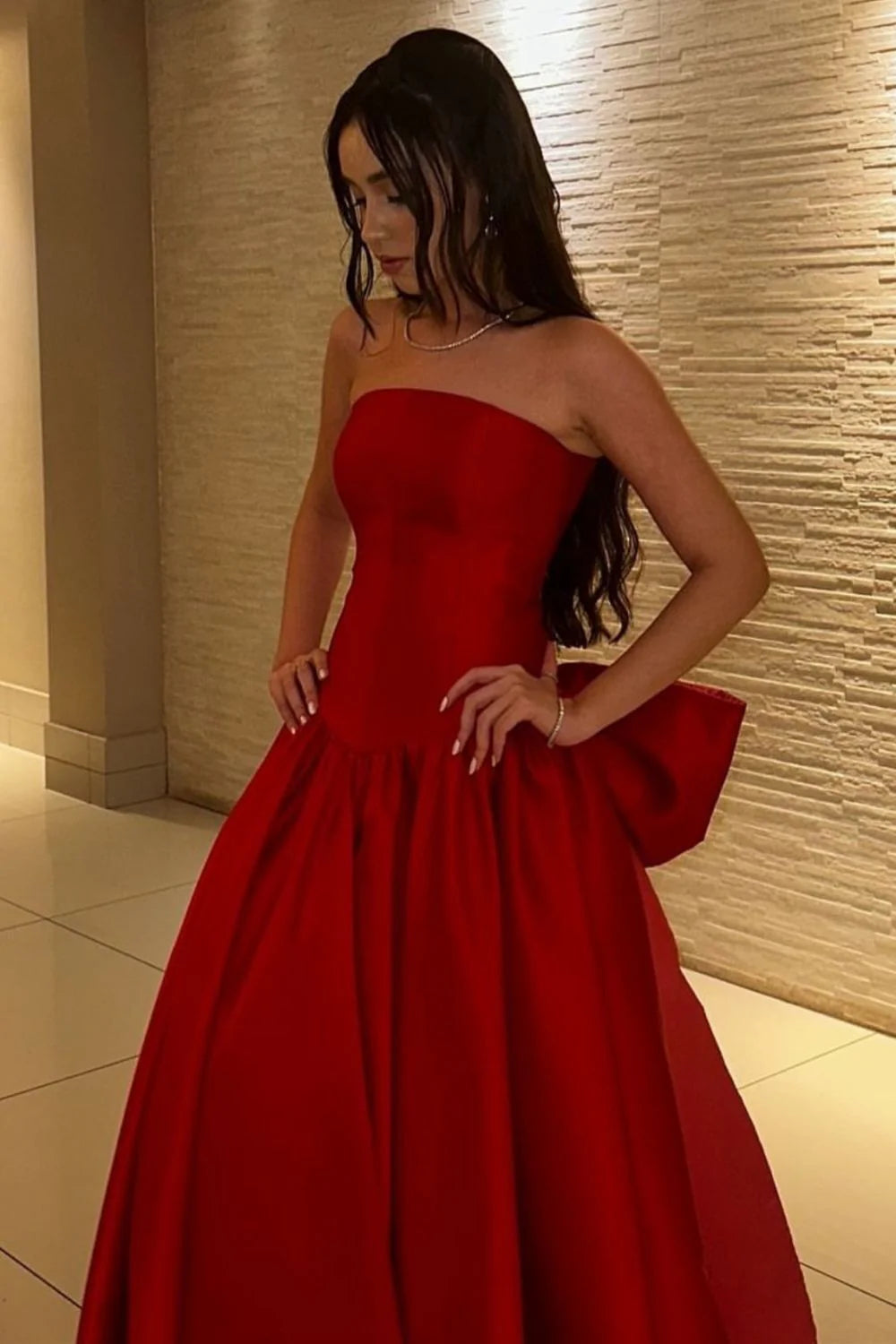UK Strapless Red Evening Dress A Line Long with Bowknot Mychicdress