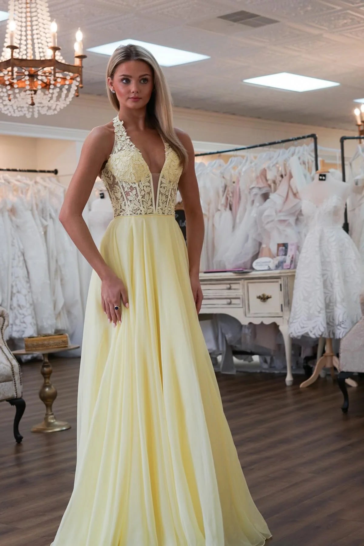 UK Pastel Yellow Halter Prom Dress with Lace Applique Chiffon Mychicdress