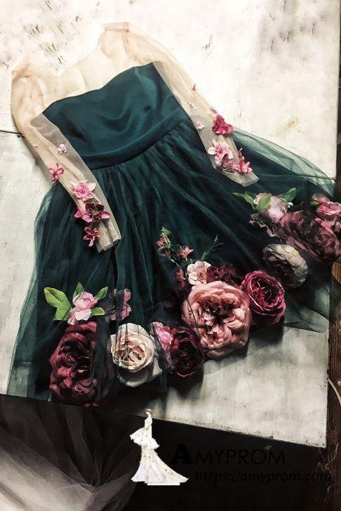 Unique 3D Flowers Tulle Homecoming Dress Long Sleeve Cocktail Dress