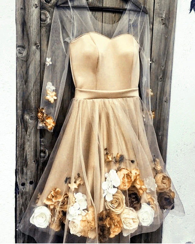 Unique 3D Flowers Tulle Homecoming Dress Long Sleeve Cocktail Dress