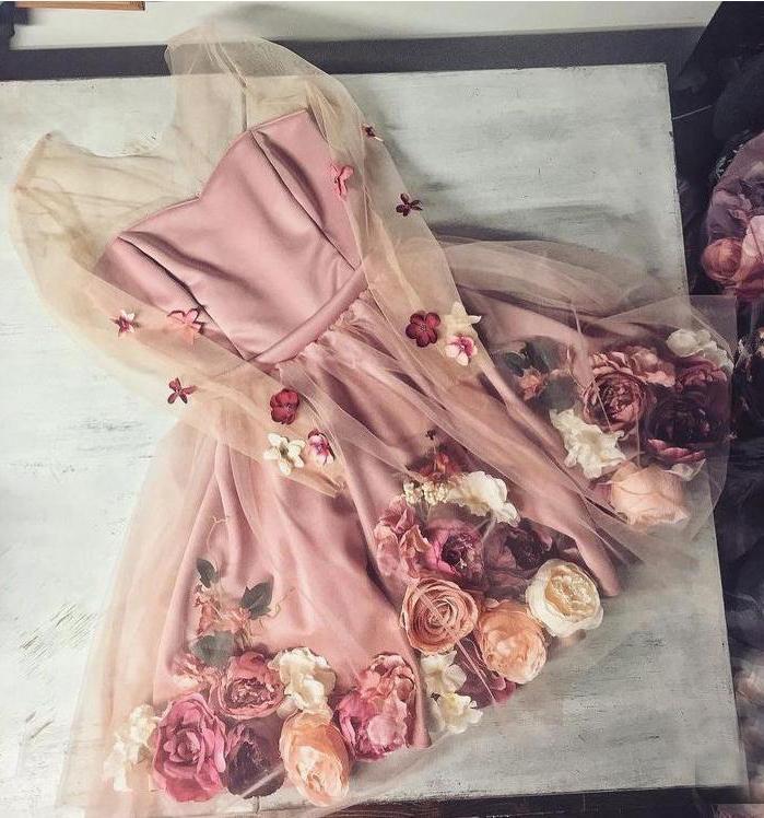 Unique 3D Flowers Tulle Homecoming Dress Long Sleeve Cocktail Dress