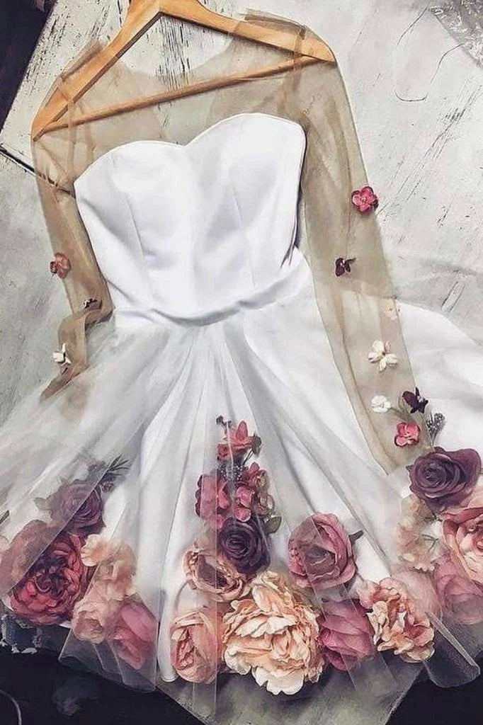 Unique 3D Flowers Tulle Homecoming Dress Long Sleeve Cocktail Dress