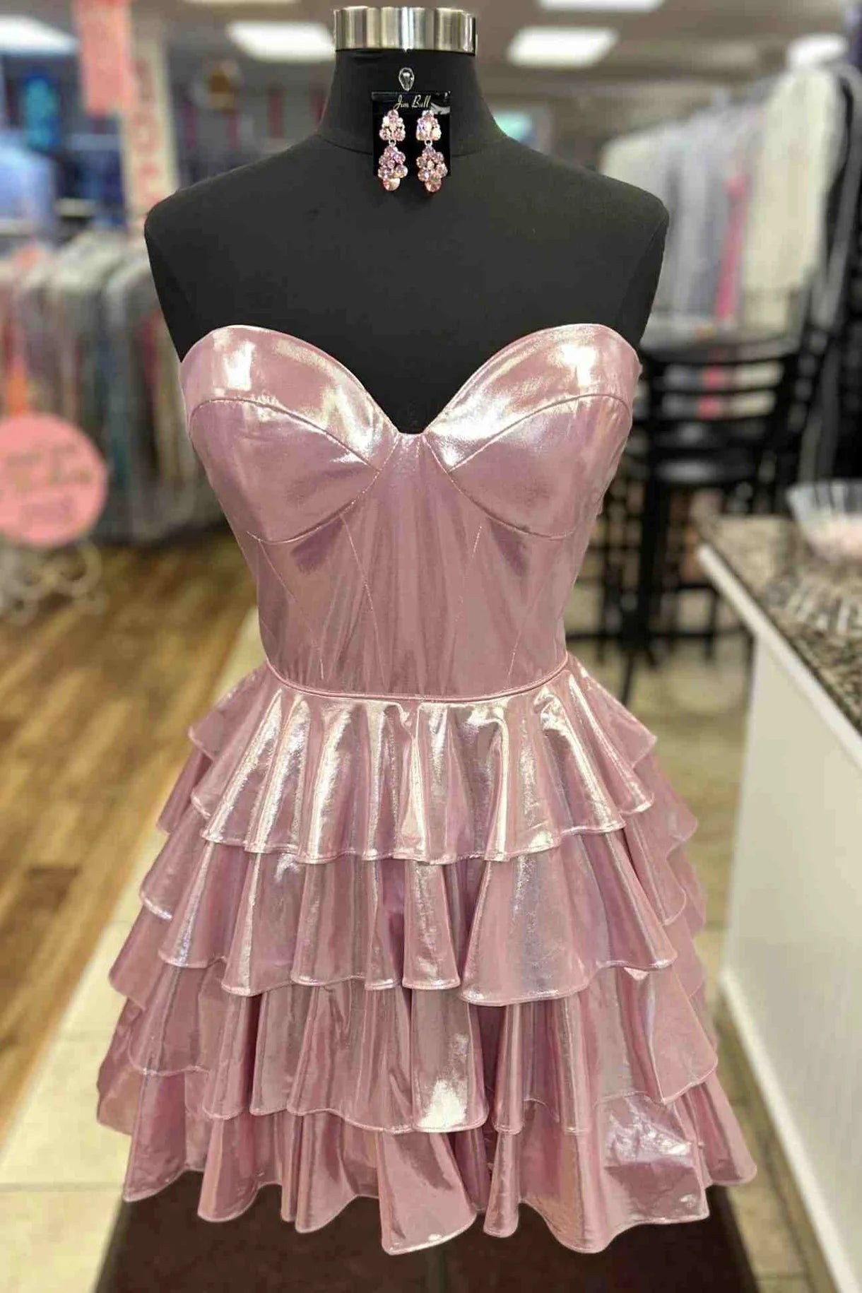 Unique Gold Metallic Homecoming Dress Strapless with Ruffle