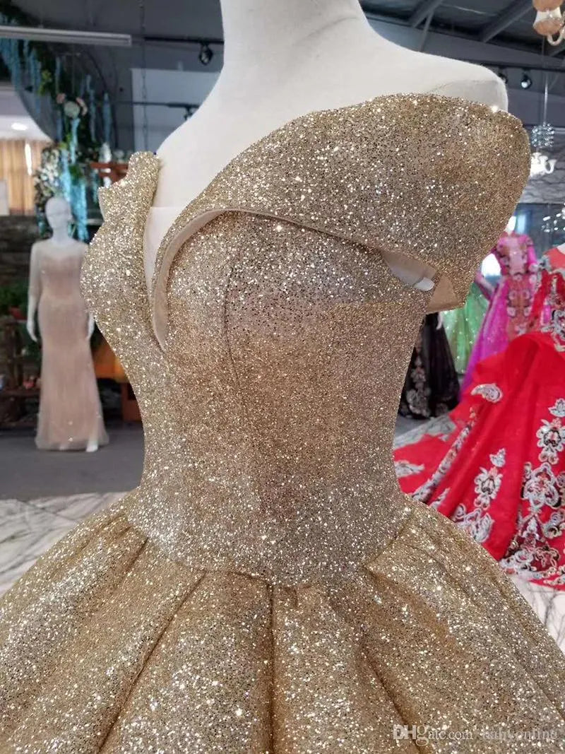 Unique Ball Gown Gold Sequins Quinceanera Dresses Off Shoulder Back
