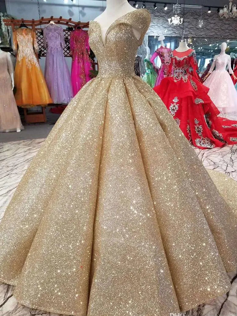 Unique Ball Gown Gold Sequins Quinceanera Dresses Off Shoulder Back