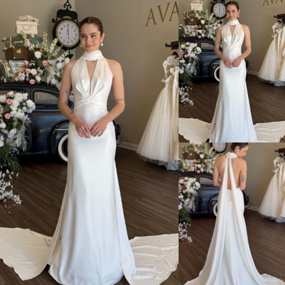 Unique Beach Halter Satin Wedding Dresses Sleeveless
