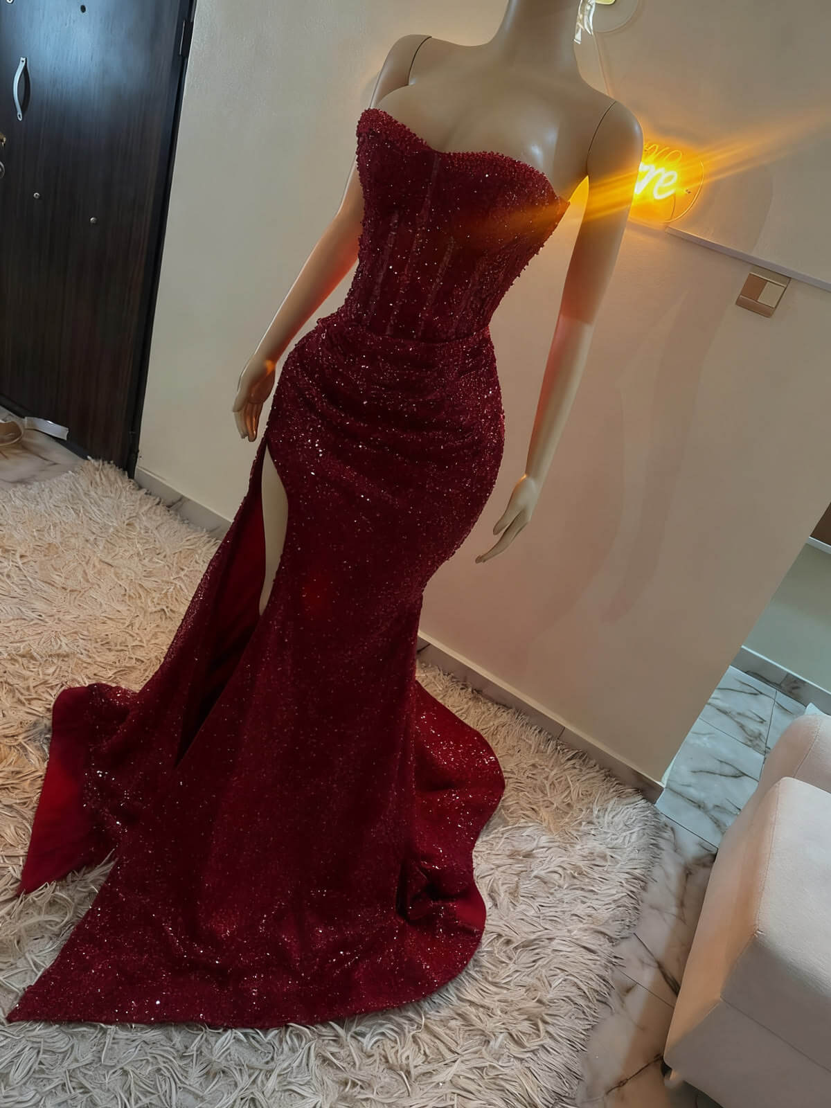 Unique Red Sequin Corset Prom Dresses Sweetheart Mermaid High Slit